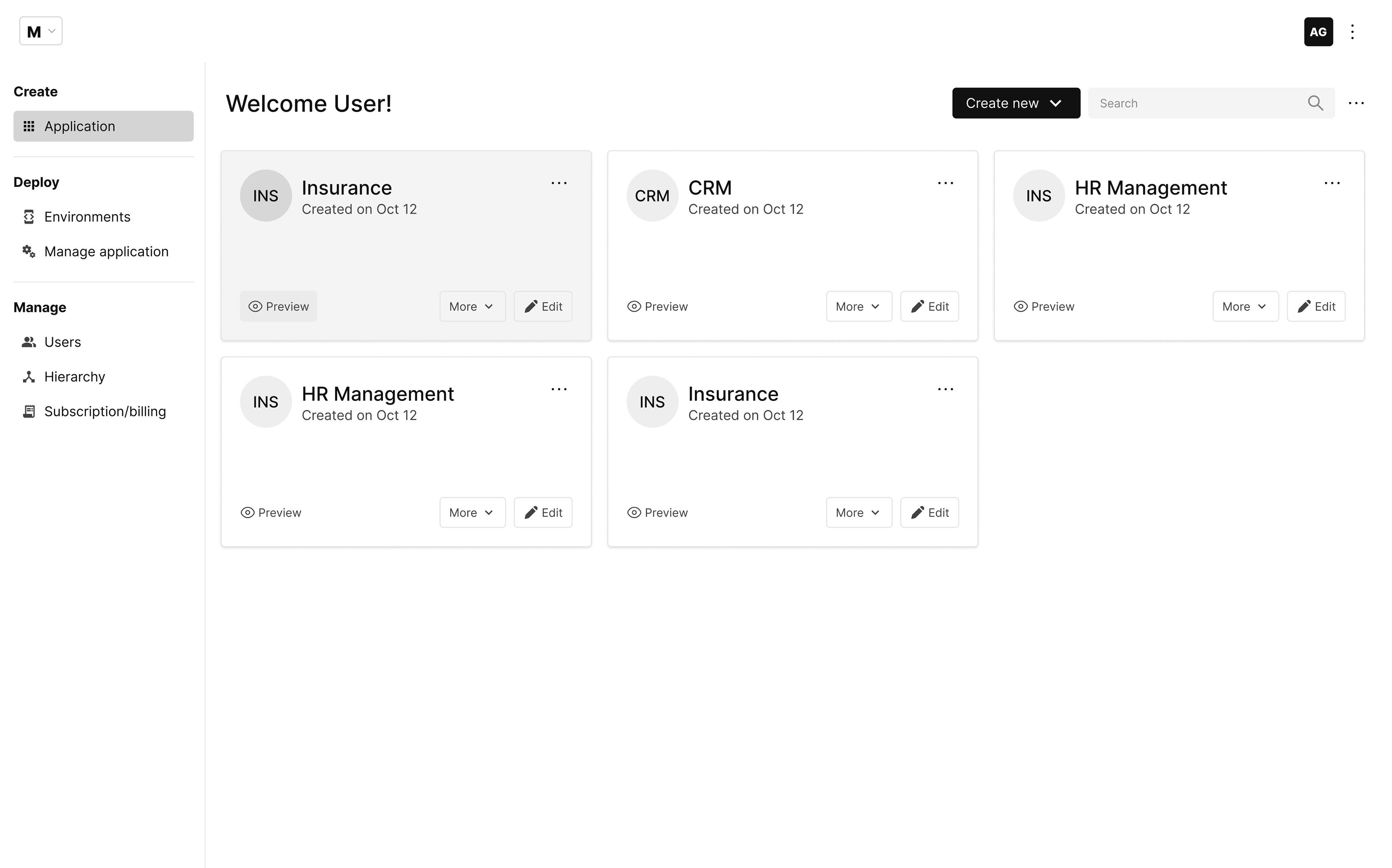 User dashboard displaying multiple application cards including Insurance, CRM, and HR Management, with options to preview, edit, and access more actions.