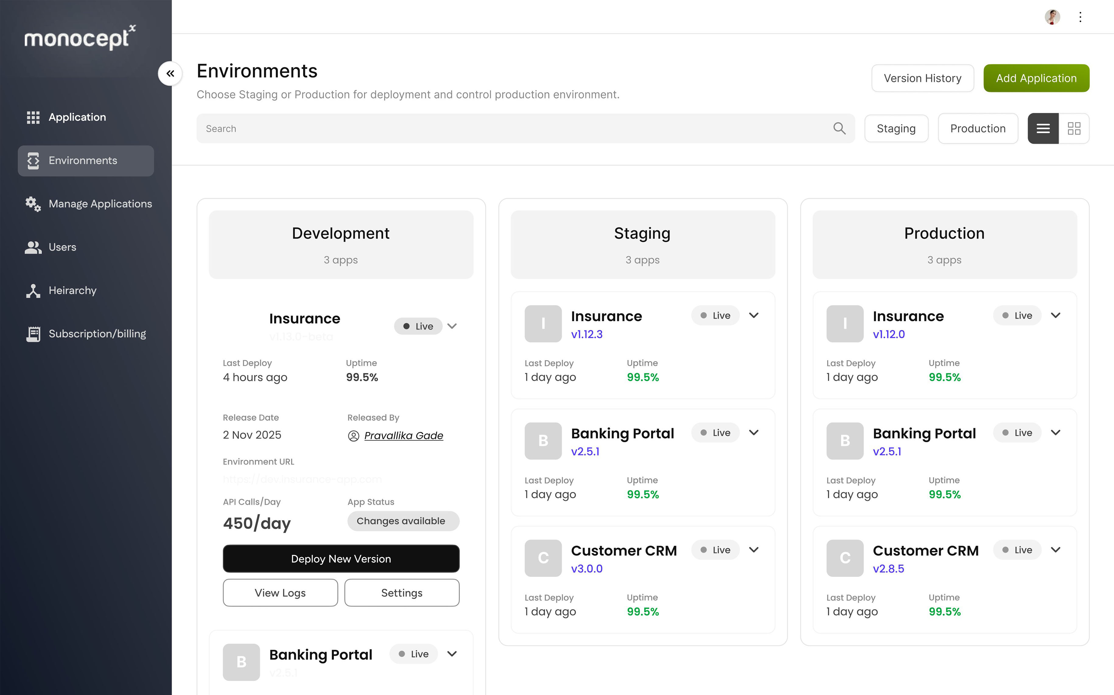 Dashboard showing Development, Staging, and Production environments with three apps each including Insurance, Banking Portal, and Customer CRM, their version, uptime, and deployment info.