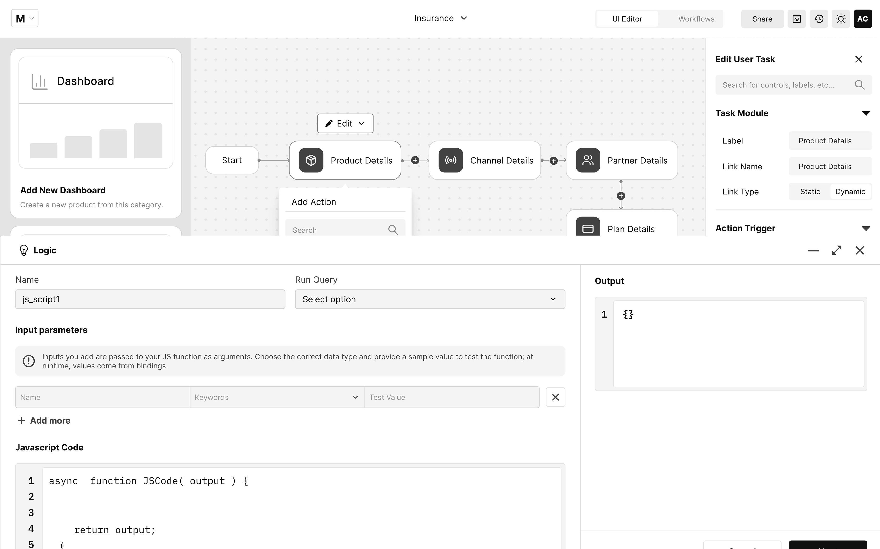 Workflow editor with a logic panel showing JavaScript code for a function named JSCode, an interface with connected tasks like Product Details and Channel Details, and options to edit user tasks and dashboard.