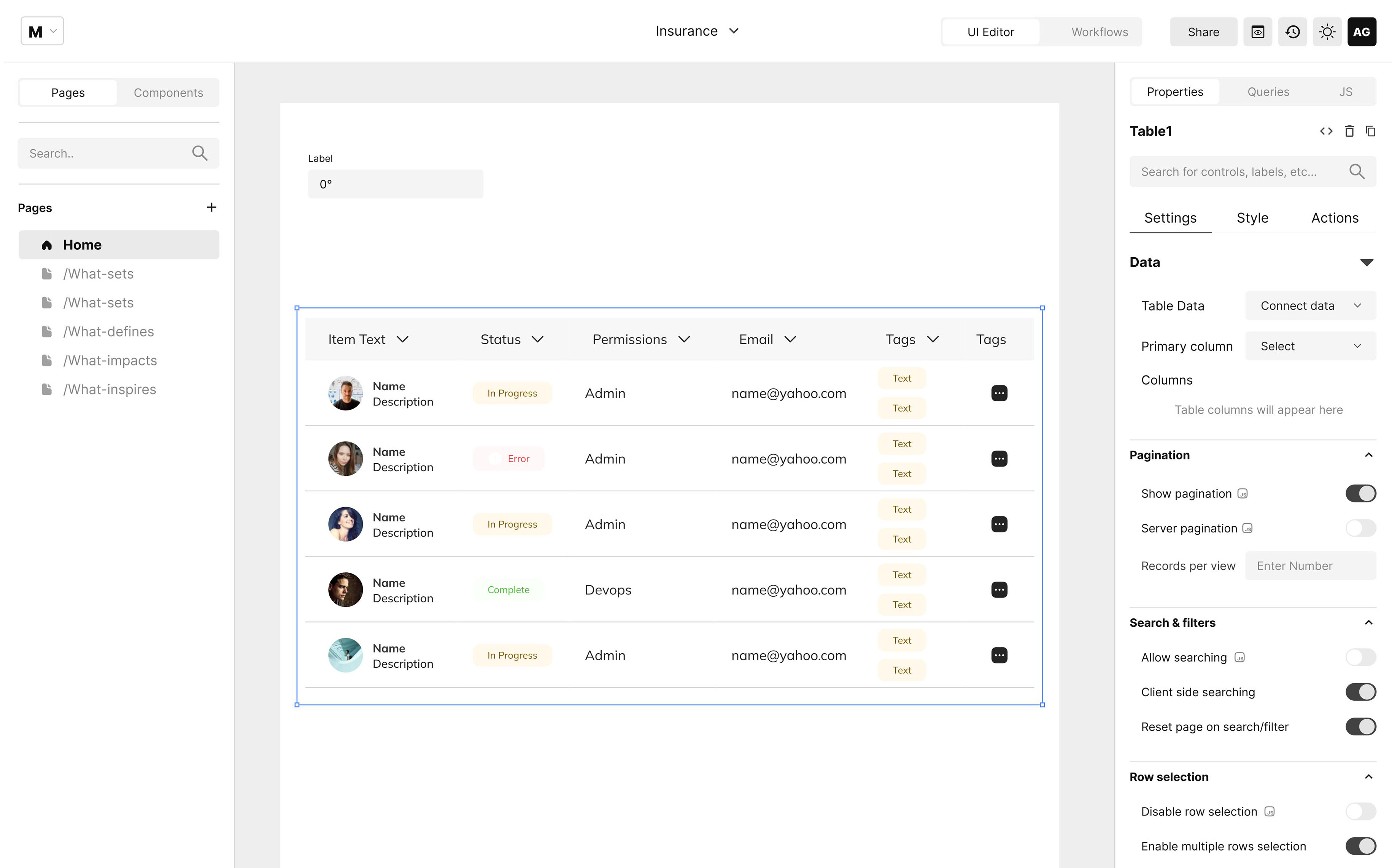 User interface showing a data table with columns for Item Text, Status, Permissions, Email, and Tags, with five rows of user data including profile pictures and status labels like In Progress, Error, and Complete.