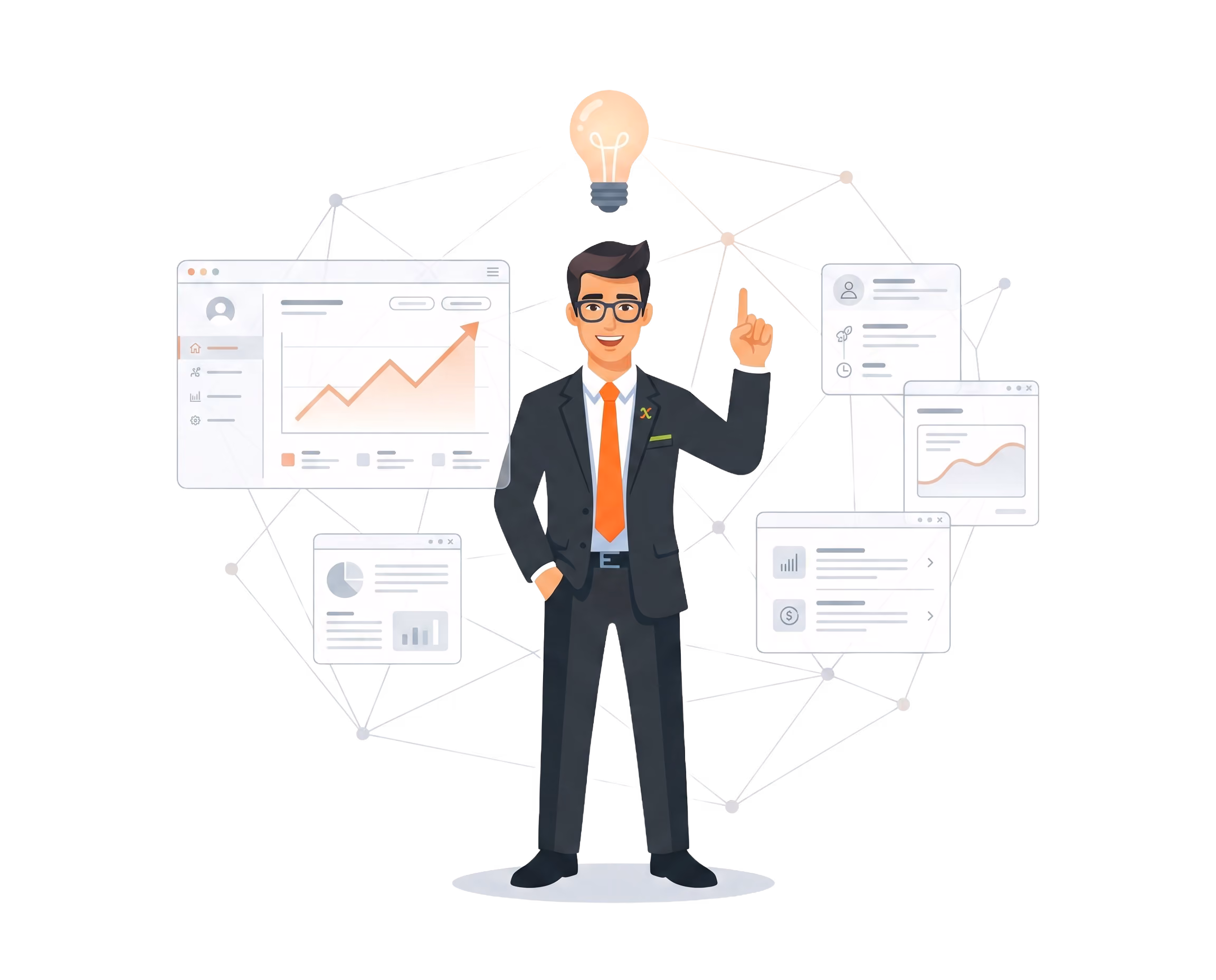 Businessman in suit with orange tie pointing up to a glowing light bulb above his head, surrounded by floating digital windows showing charts, graphs, and data, symbolizing ideas and insights in analytics or business strategy.
