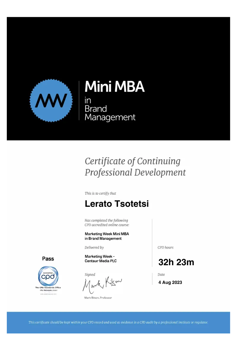 Mini MBA Brand Management certificate — Lerato Tsotetsi