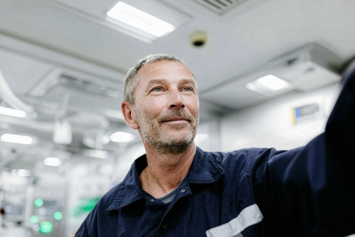 Service-Mitarbeiter von Medizin & Service GmbH mittleren Alters mit kurzen grauen Haaren und Bart, der eine marineblaue Arbeitsjacke in einer hellen Medzinischen Einrichtung trägt.