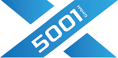 Blaues X-Logo mit weißen Buchstaben "5001 GmbH" auf geometrischem Hintergrund.