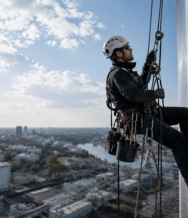 Zwei Arbeiter in roten Helmen klettern an einem weißen Industriebau und führen Wartungsarbeiten mit Seilen aus.