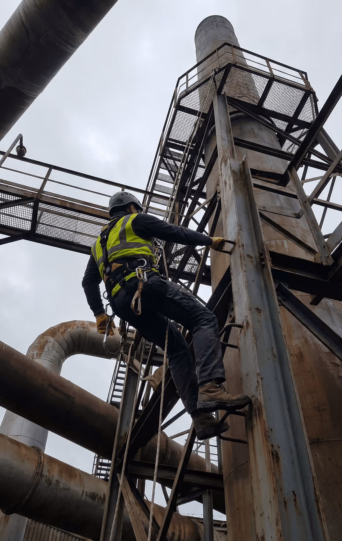 Baumpfleger mit Schutzkleidung schneidet Baum mit Motorsäge; Sägespäne fliegen umher.