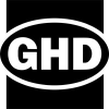 GHD brand logo with the letters GHD inside an oval shape on black background.