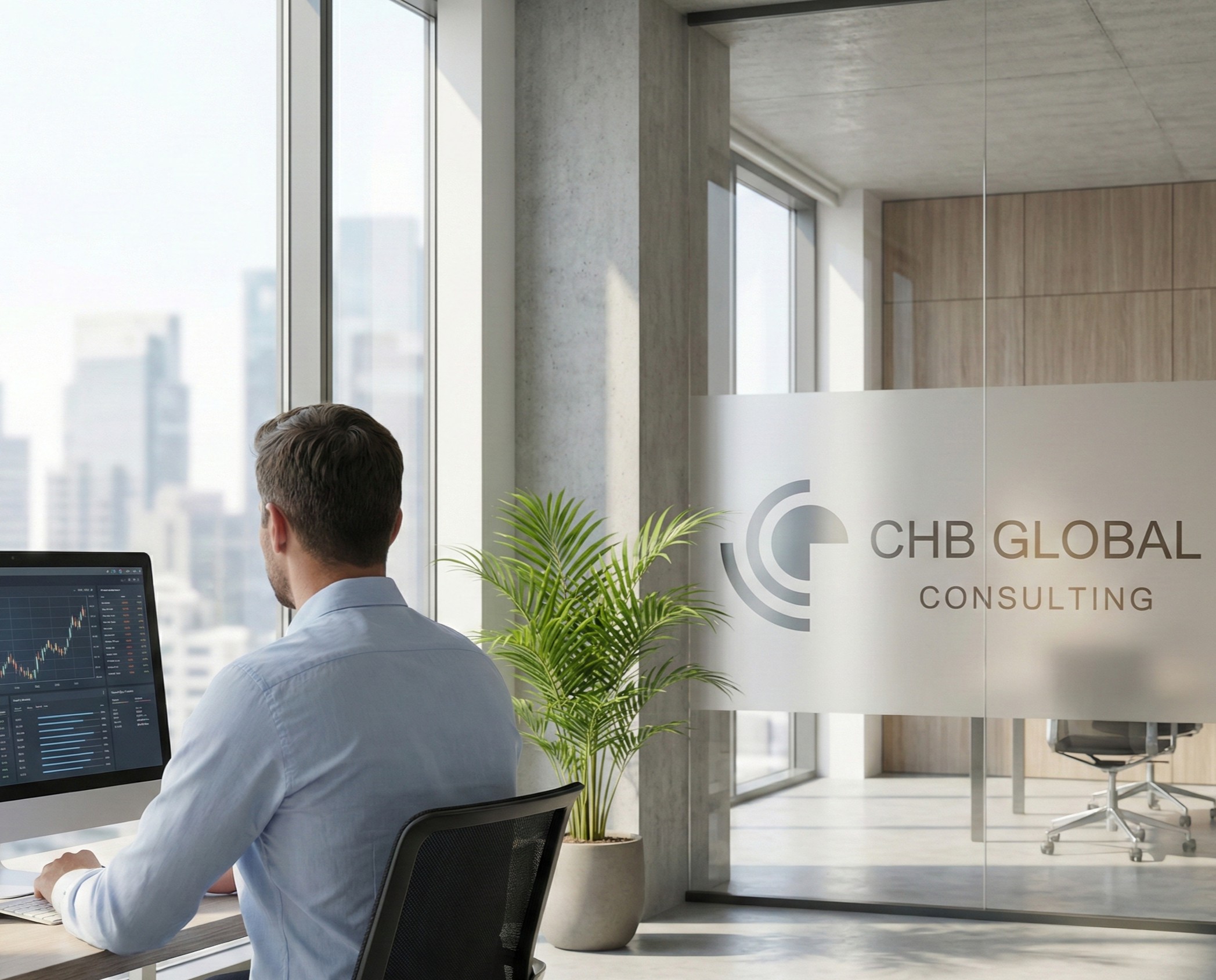 man sitting in office facing computer with a plant in background