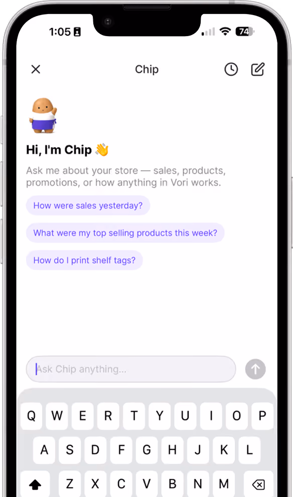 Chip open on a phone, ready to answer questions about sales, top products, and printing shelf tags