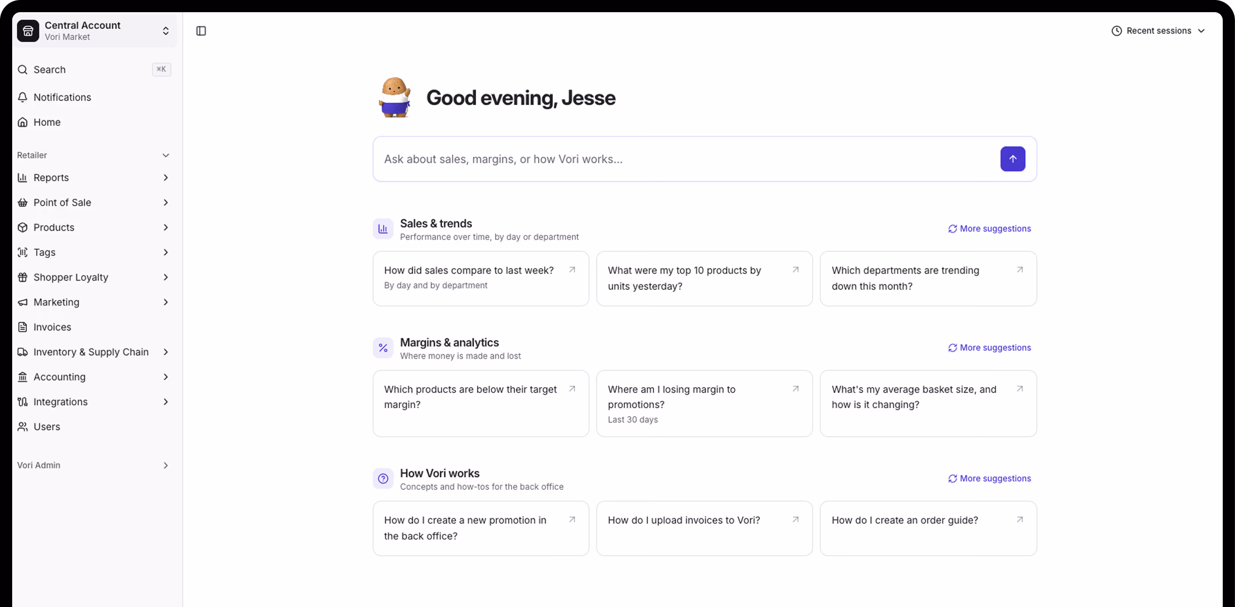 Vori back office home screen where Chip, the AI grocery assistant, greets the owner and suggests questions about sales, margins, and how Vori works