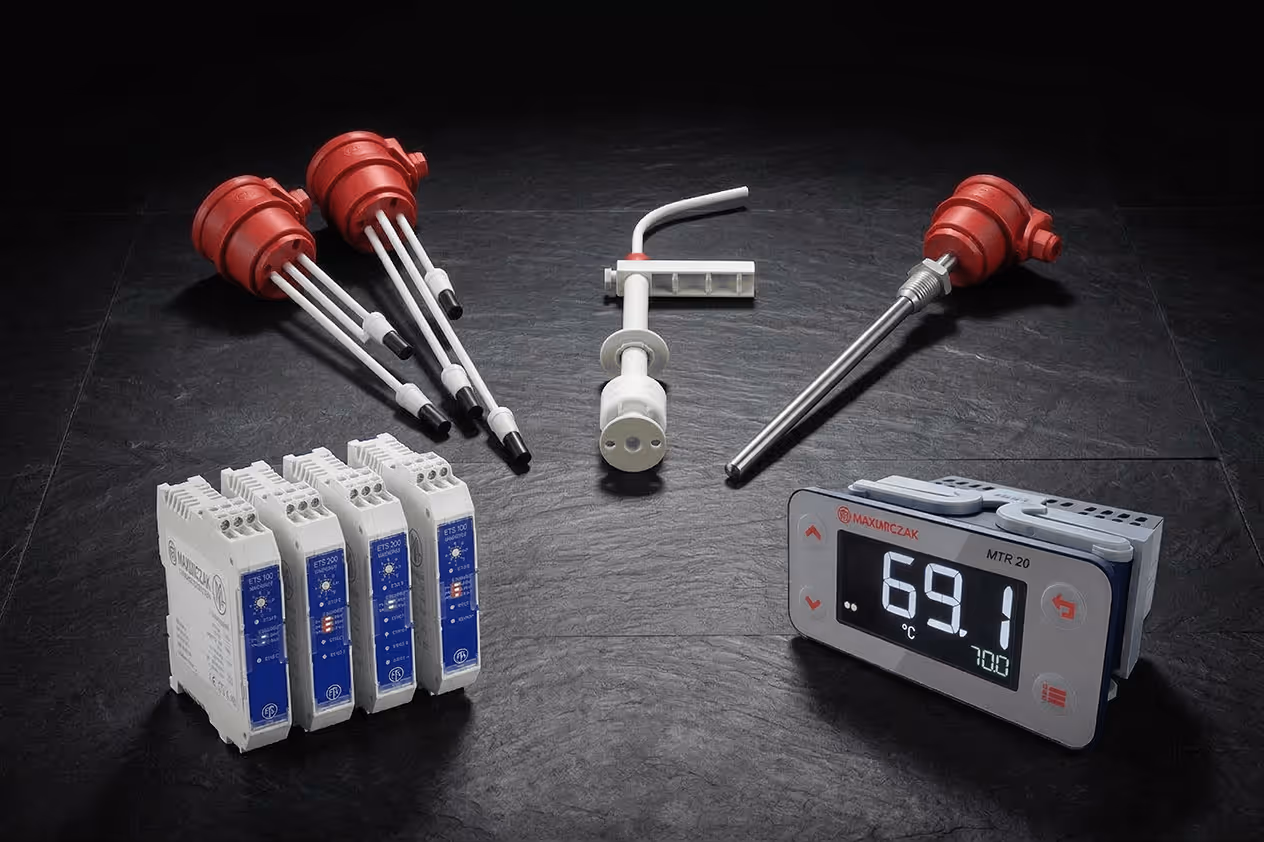 Industriële temperatuursensoren en een digitaal display dat 69,1 graden Celsius toont.