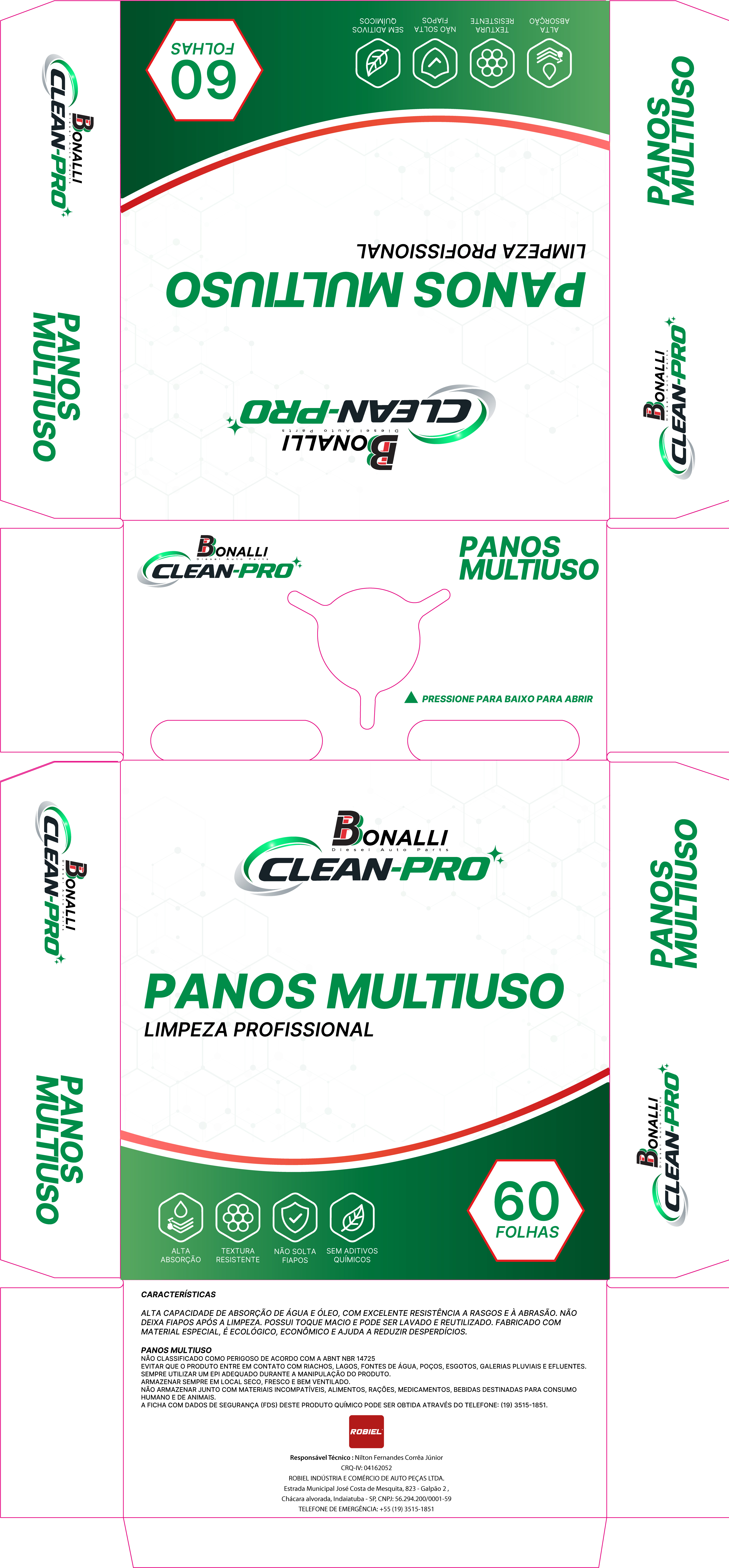 Arte aberta da caixa Bonalli Clean Pro Panos Multiuso