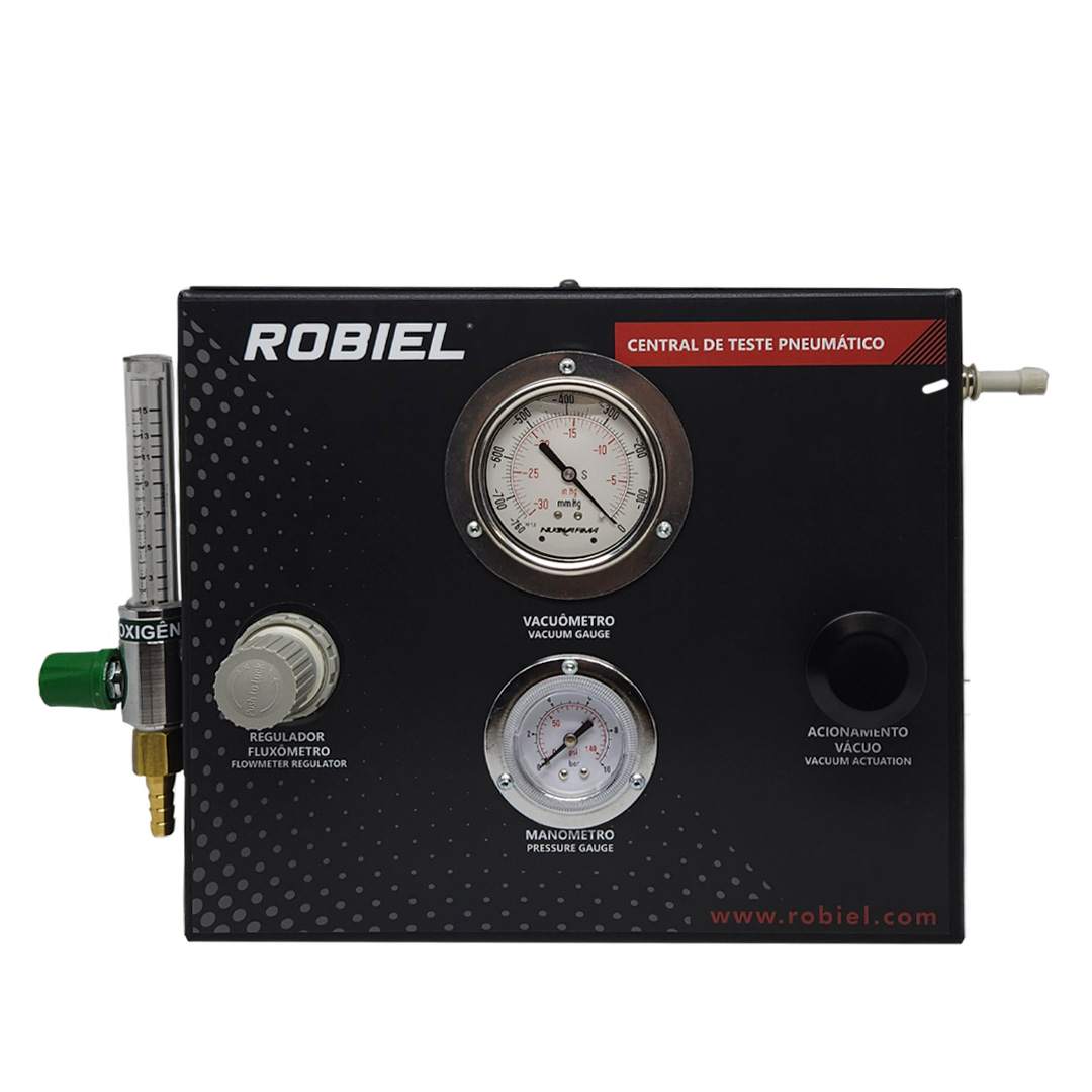 Black Robiel pneumatic test control panel with vacuum gauge, pressure gauge, flowmeter regulator, vacuum actuation knob, oxygen inlet, and red label in Portuguese.