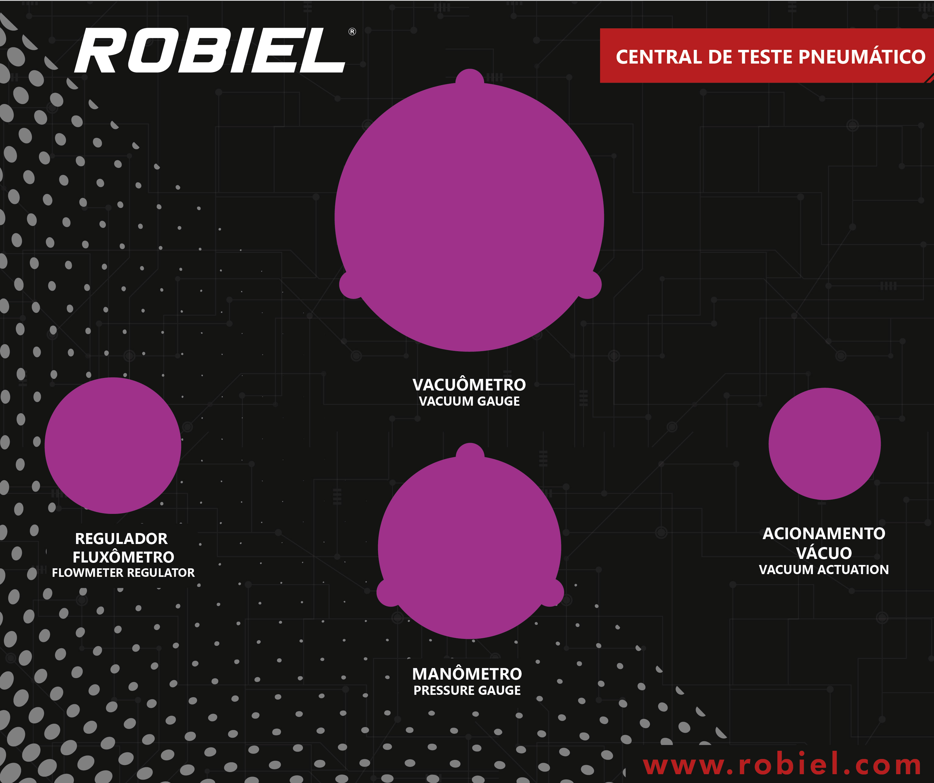 Robiel branded graphic with icons and labels for pneumatic test station components, including vacuum gauge, pressure gauge, flowmeter regulator, and vacuum actuation on a black patterned background with a red banner.