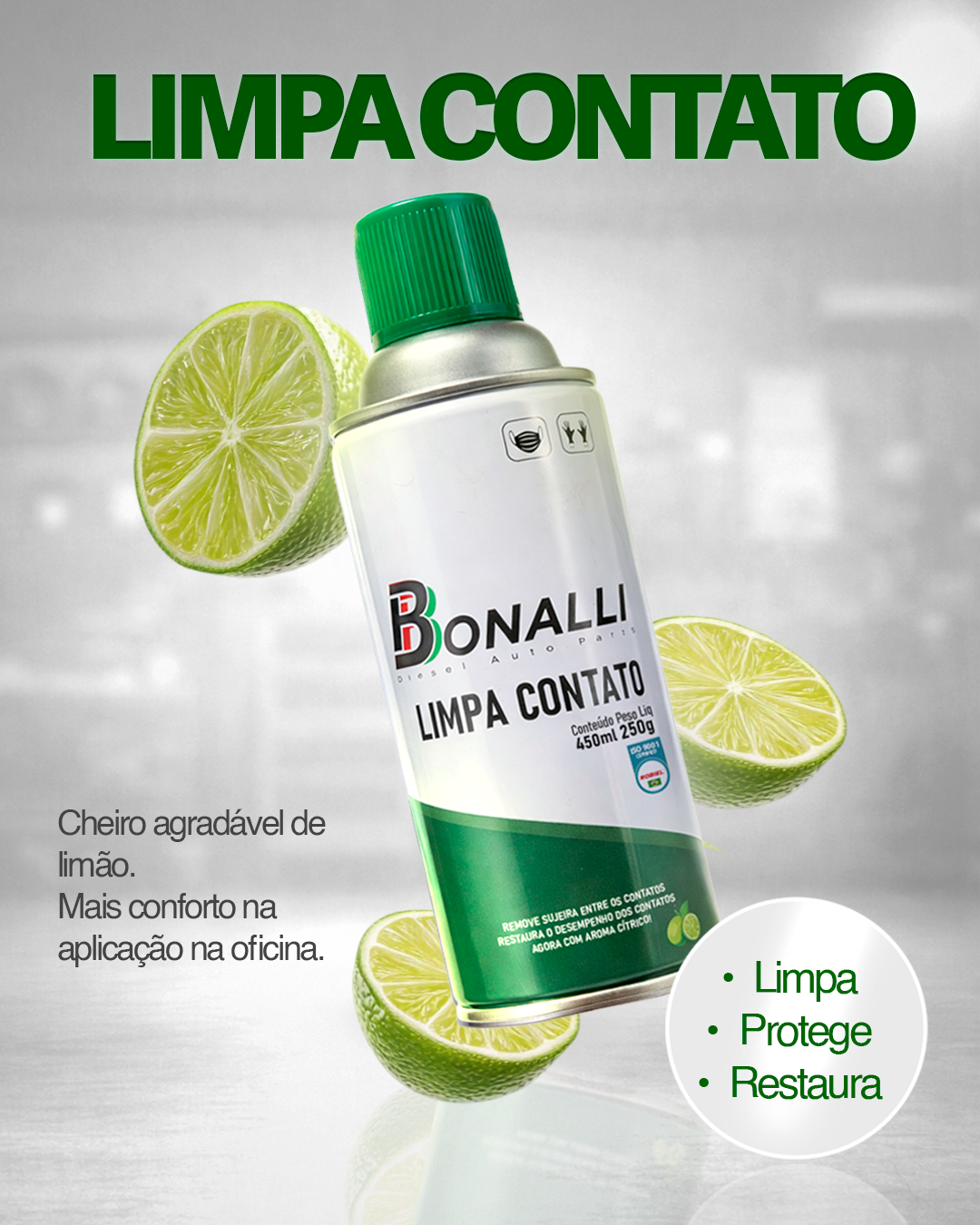 Spray can of Bonalli Limpa Contato contact cleaner with green cap surrounded by lime halves and text highlighting its pleasant lemon scent and comfort in workshop application, also noting it cleans, protects, and restores contacts.