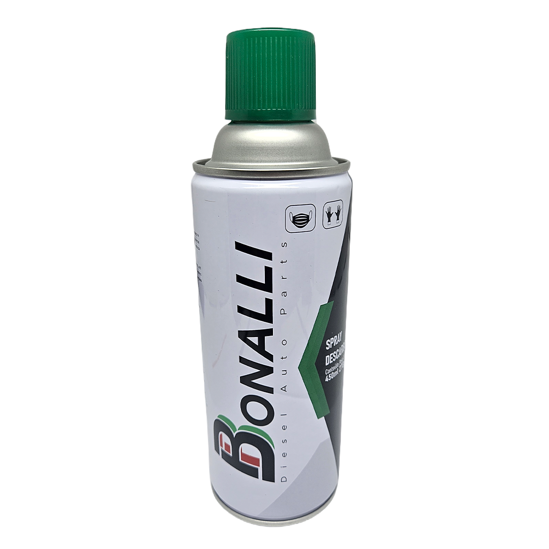 A can of Bonalli Diesel Auto Parts spray with a green cap, labeled as a descaling spray with safety icons for mask and gloves.