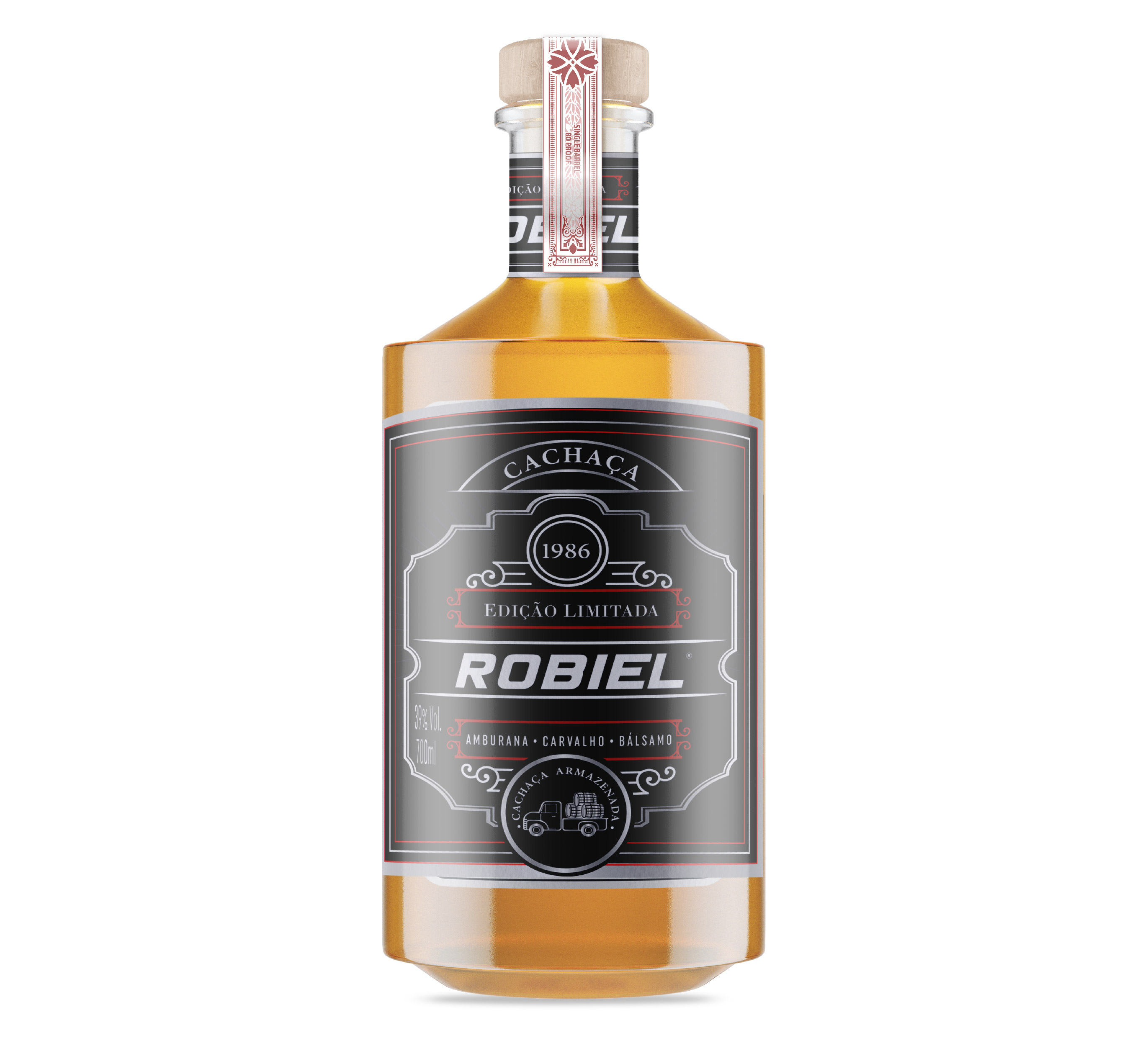 Bottle of Robiel cachaça with amber liquid inside, featuring a black label that reads '1986 Edição Limitada Robiel' and mentions flavor notes of amburana, oak, and balsam.
