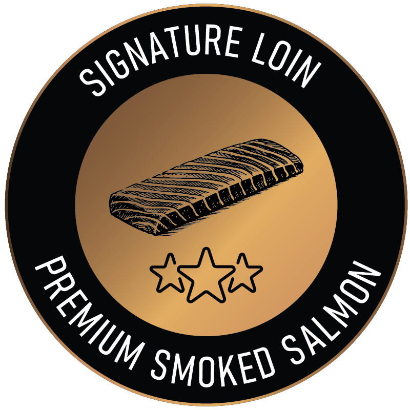 Signature loin - premium smoked salmon (product icon with an illustration of salmon fillet and 3 stars on gold background)