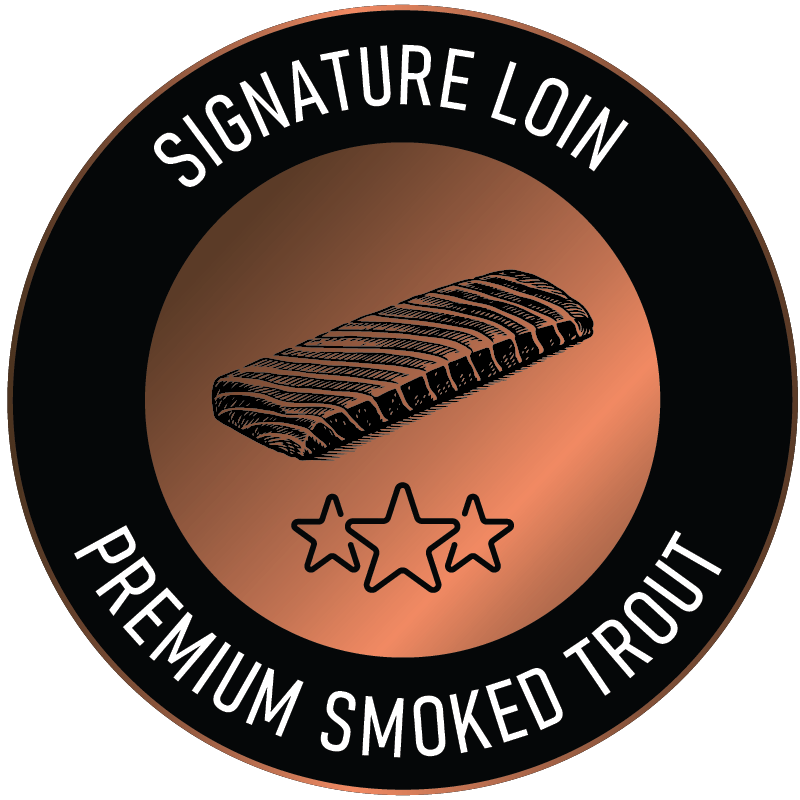 Signature loin - premium smoked trout (product icon with an illustration of trout fillet and 3 stars on rose-gold background)