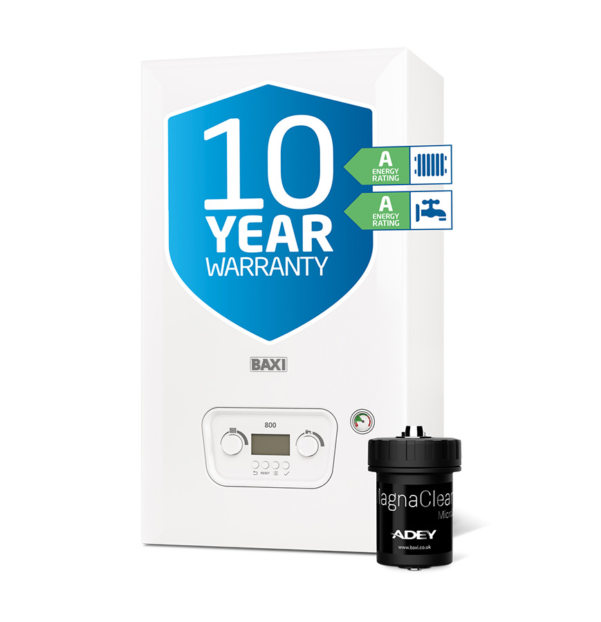 White Baxi boiler with 10 year warranty badge and A energy rating labels for heating and hot water, next to a black MagnaClean filter.