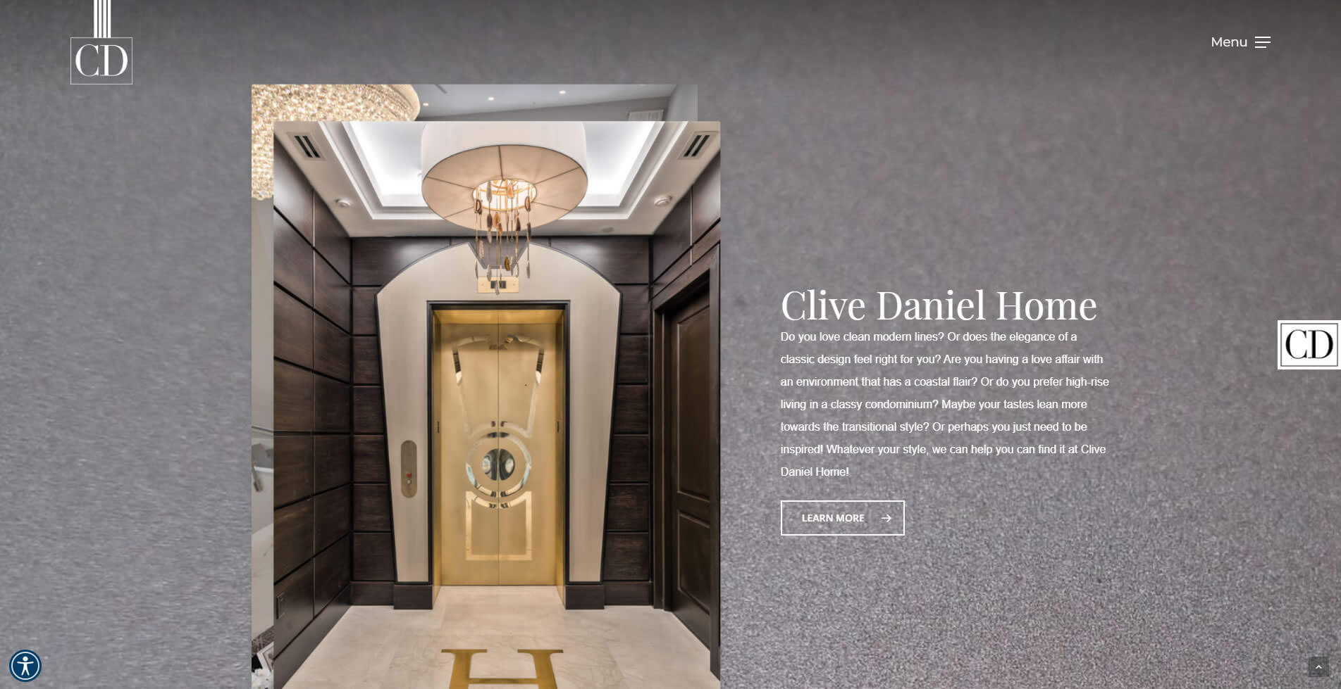 Introduction section of the Clive Daniel Home site, pairing a lit entryway photograph with brand copy