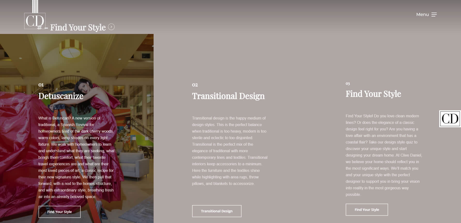 Find Your Style page laying out design directions side by side across three columns