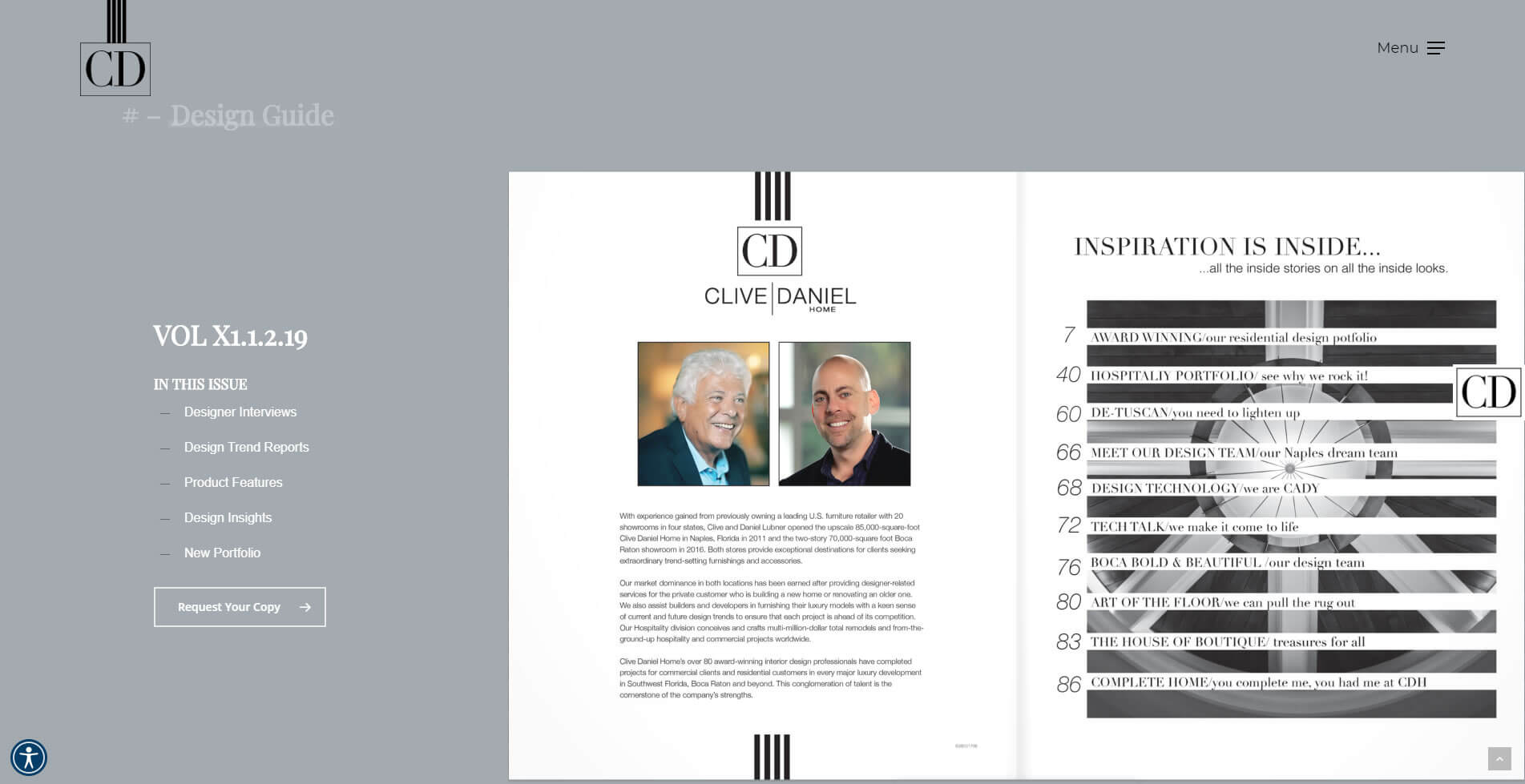 Digital design guide spread headed Inspiration Is Inside, with a contents list and portraits