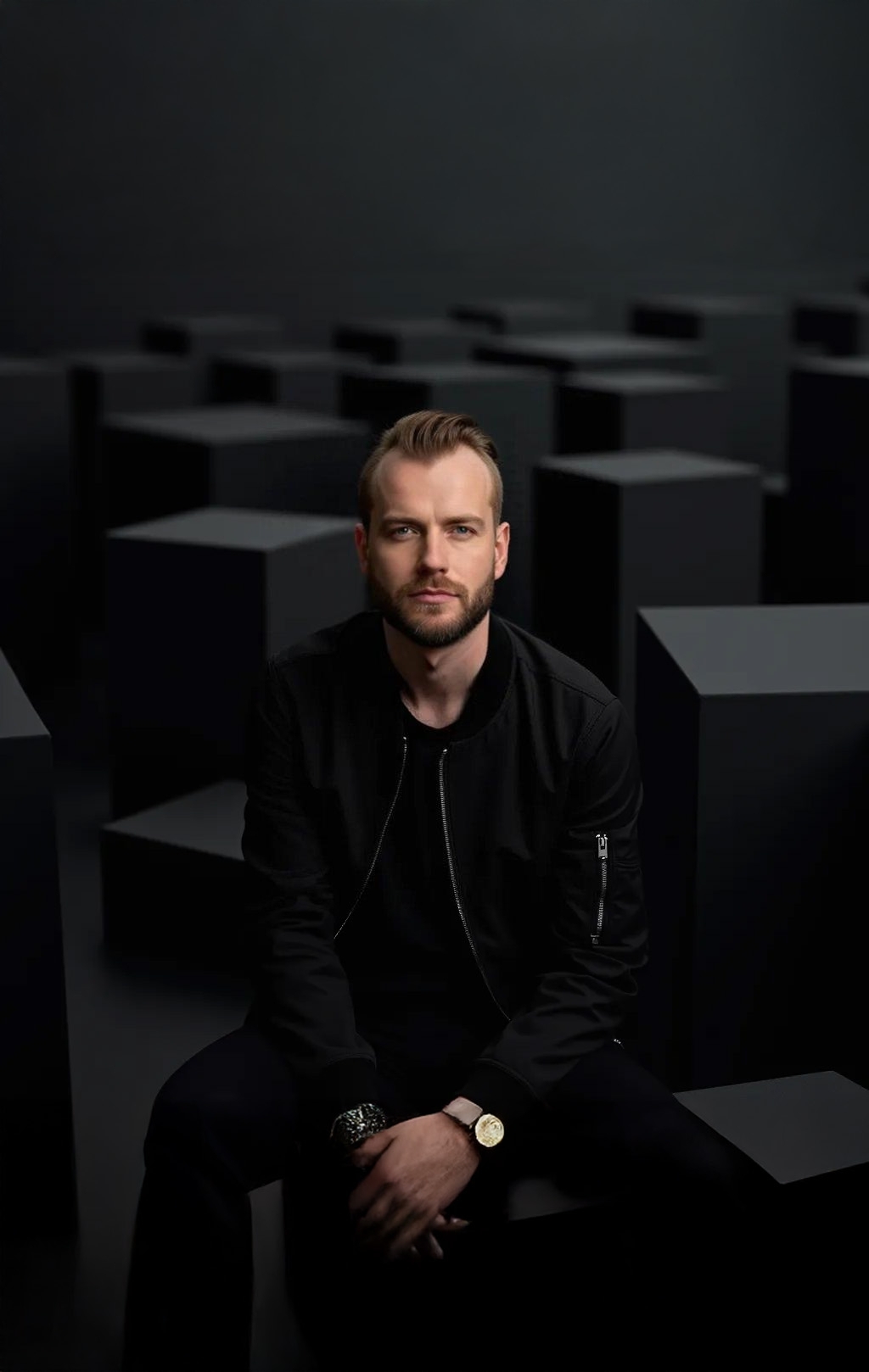 Valev Laube, Director of Artificial Intelligence at Dragon Horse Agency, seated among dark geometric blocks
