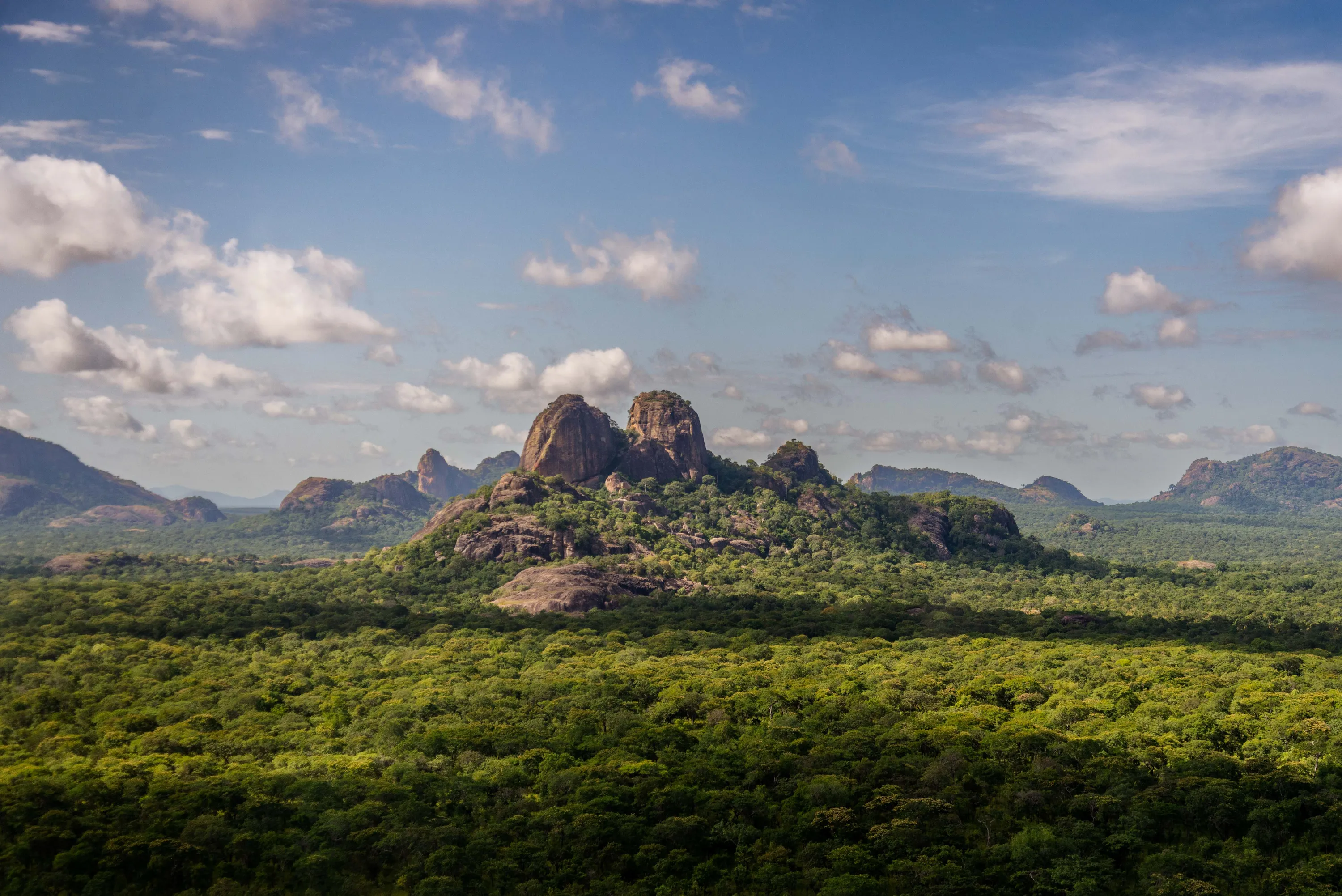 Wide view of a lush green forest with rocky hills under a partly cloudy blue sky.