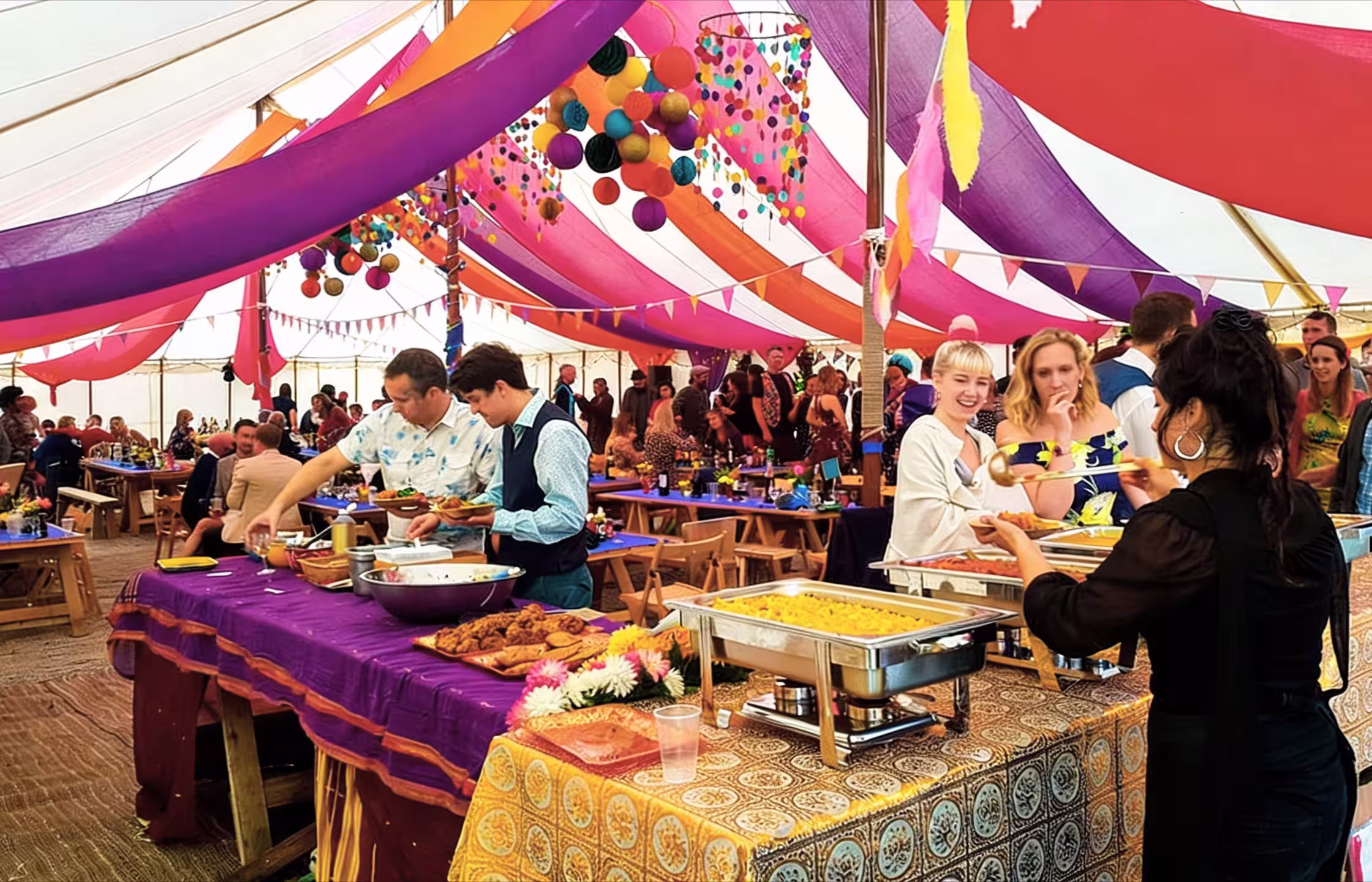 Guests enjoying a colourful wedding buffet under a striped marquee as Croft Catering serves hot food from serving dishes