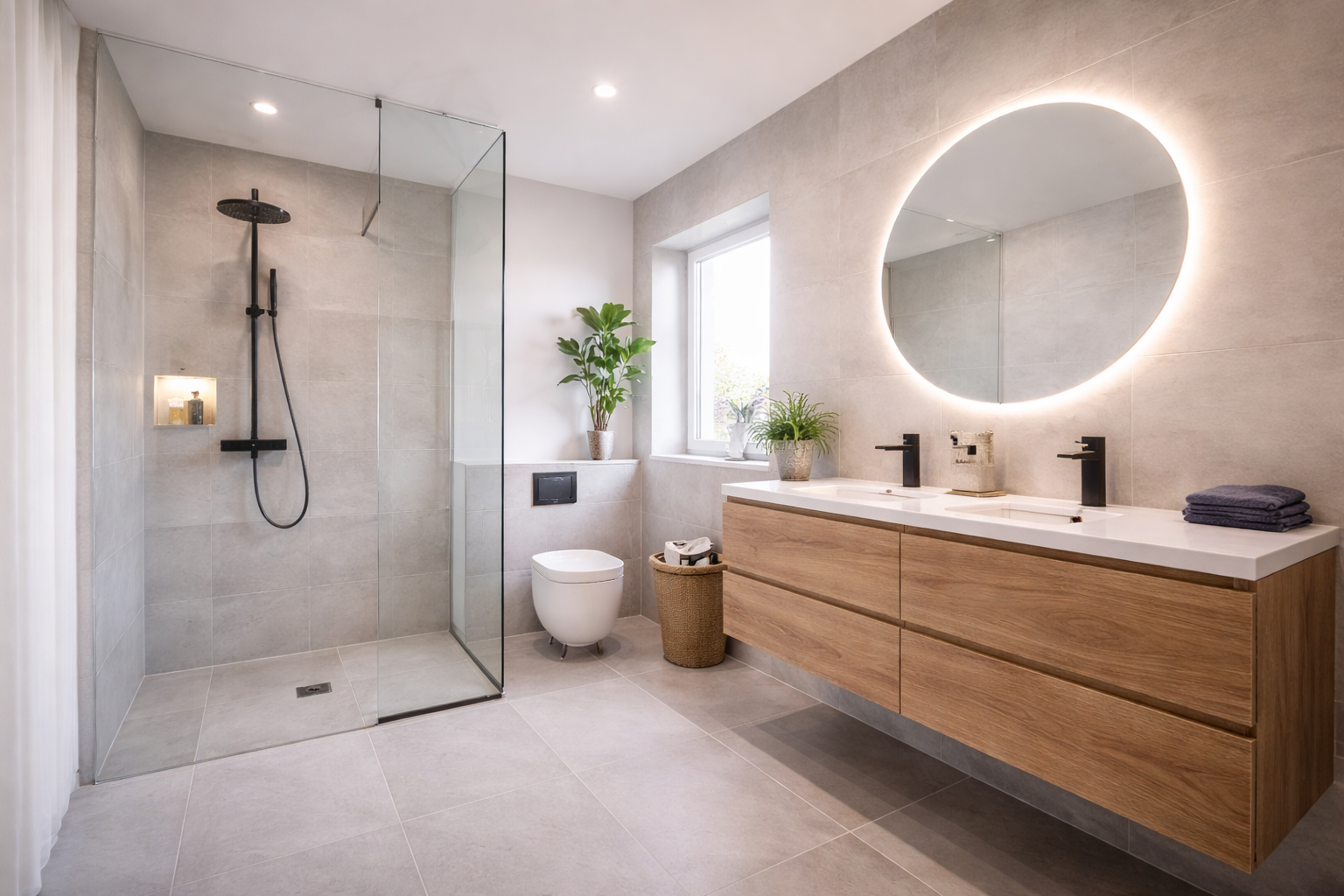 Modern saniertes Badezimmer in Leipzig mit bodengleicher Dusche und großformatigen Fliesen