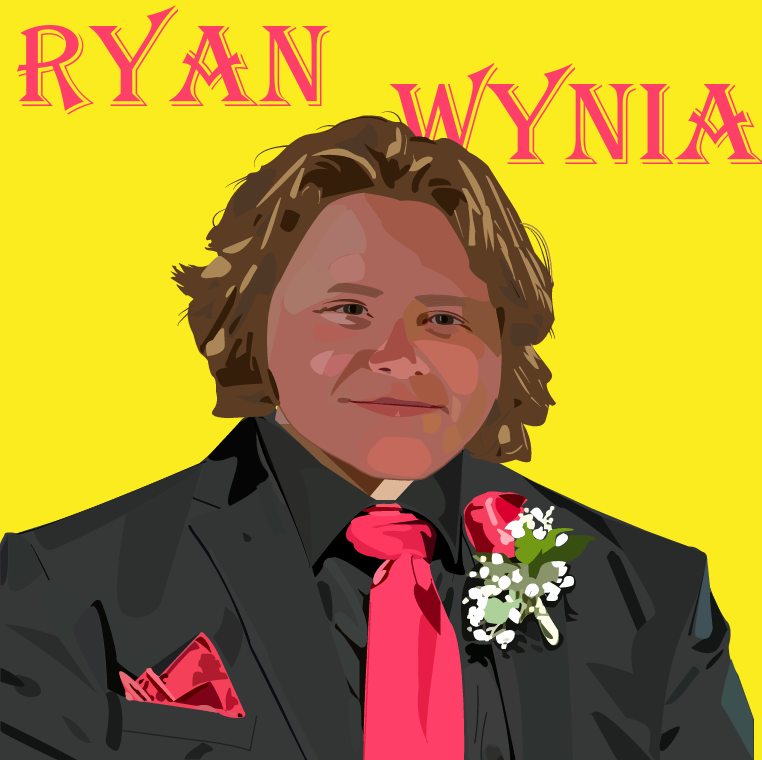 Digital portrait of a person with medium-length light brown hair wearing a black suit, bright red tie, red pocket square, and a boutonniere with white flowers and a red rose on a yellow background with the name Ryan Wynia.