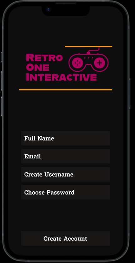 Mobile screen showing a Retro One Interactive signup form with fields for full name, email, username, password, and a create account button.