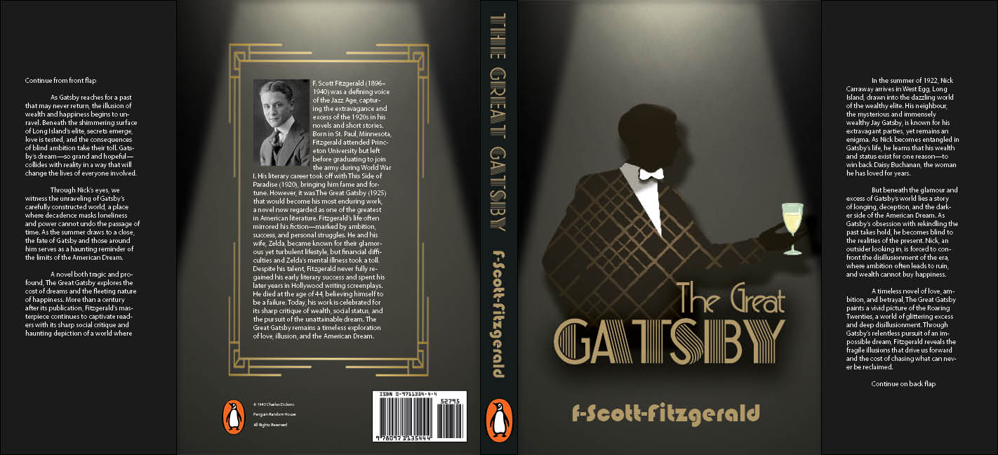Book cover of The Great Gatsby by F. Scott Fitzgerald featuring an art deco silhouette of a man with a white bow tie holding a glass of champagne against a patterned dark background, with author bio, synopsis, and publisher info on back cover.