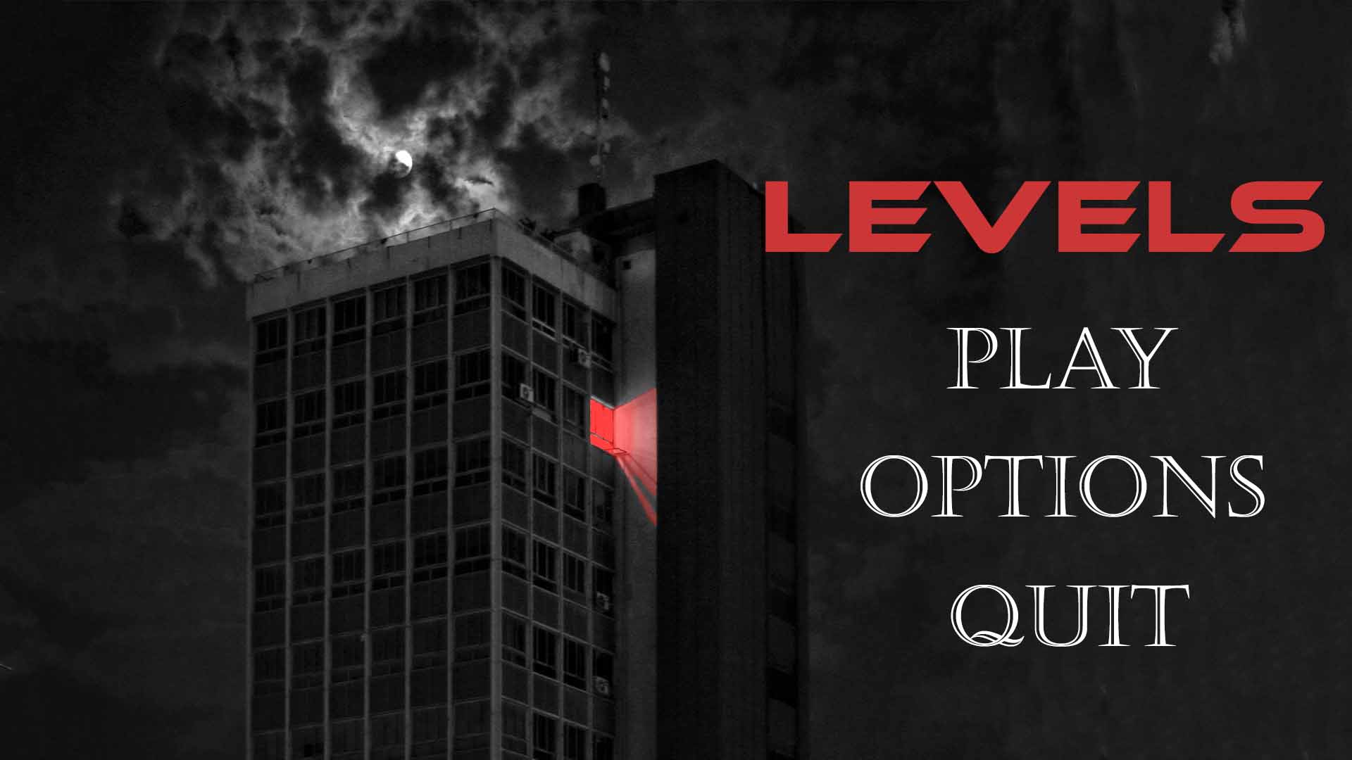 Game menu screen with a dark high-rise building under a cloudy night sky with a red-lit window, and menu options Play, Options, Quit.