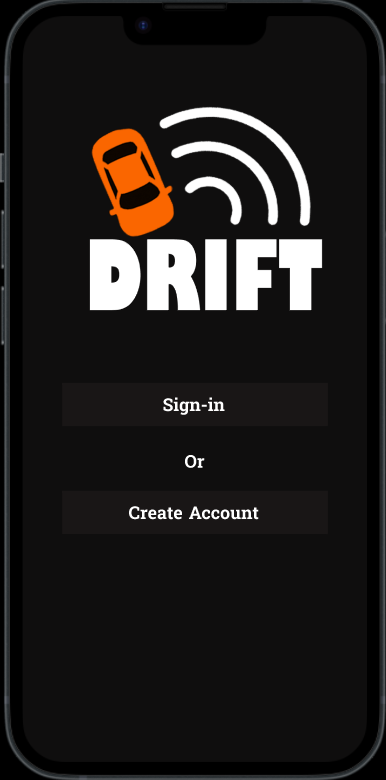 Mobile app screen showing an orange car drifting above the word 'DRIFT' with options to sign in or create an account on a black background.