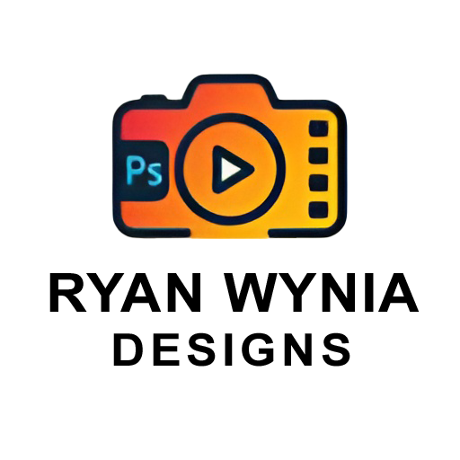 Logo featuring an orange camera icon with a play button in the center and 'Ps' text on the left, above the bold text 'RYAN WYNIA DESIGNS'.