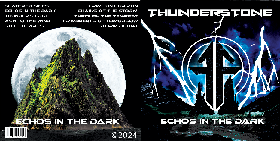 Album cover for Thundrstone's 'Echos in the Dark' featuring a large full moon behind a green, rocky mountain on the left, and a stylized band logo with blue lightning on a dark cloudy sky on the right.