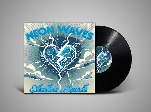 Vinyl record partially pulled out from its cover featuring a blue electric heart with a lightning bolt and clouds, titled 'Neon Waves Electric Hearts'.