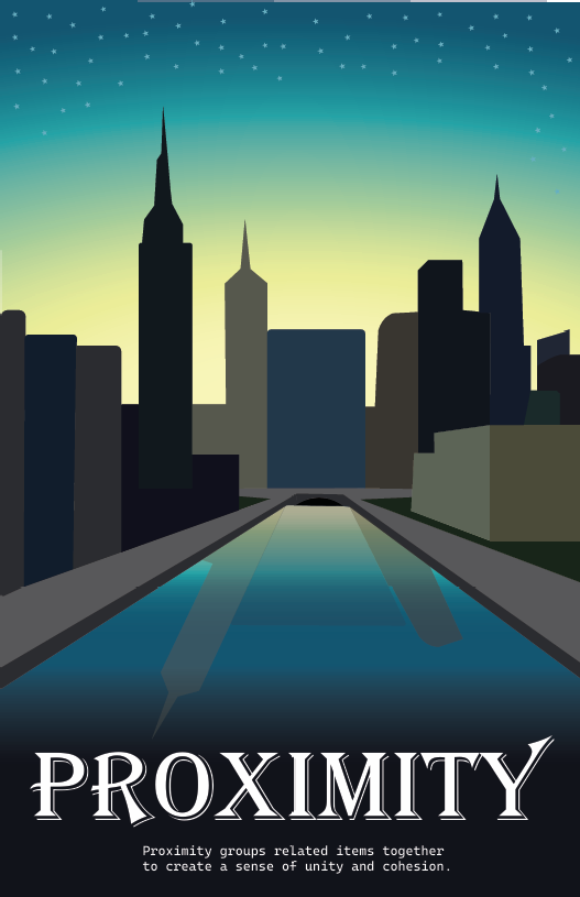 Graphic of a city skyline at dusk with buildings reflected in a river and the word 'PROXIMITY' below emphasizing unity and cohesion.