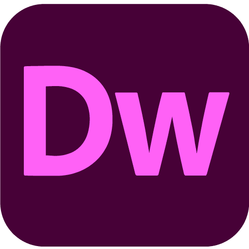 Adobe Dreamweaver app icon with pink 'Dw' letters on a dark purple rounded square background.