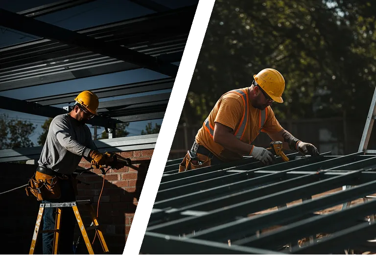 Two construction workers wearing yellow helmets working on metal framing outdoors.