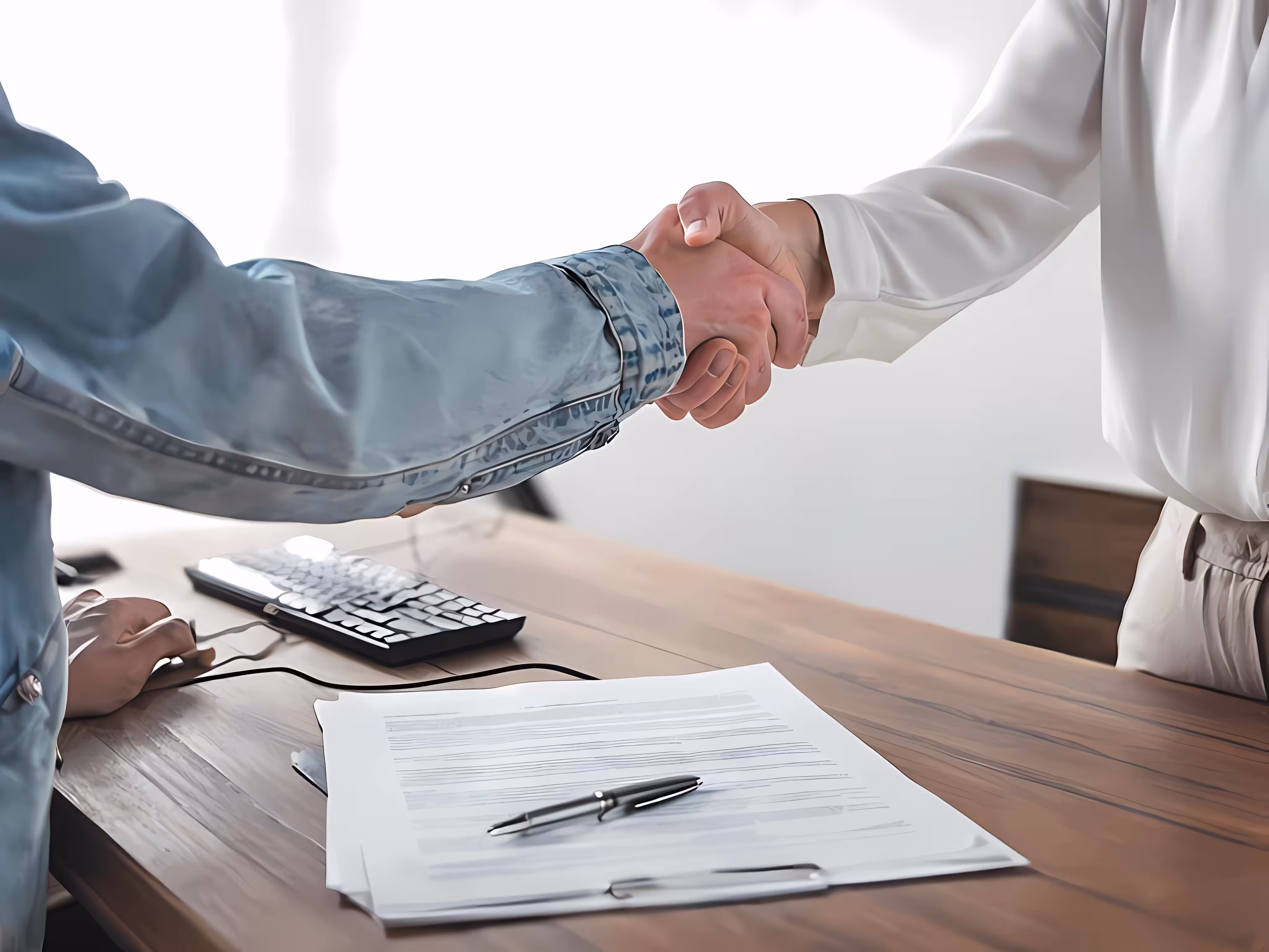 Two people shaking hands over a desk with documents and a pen.
