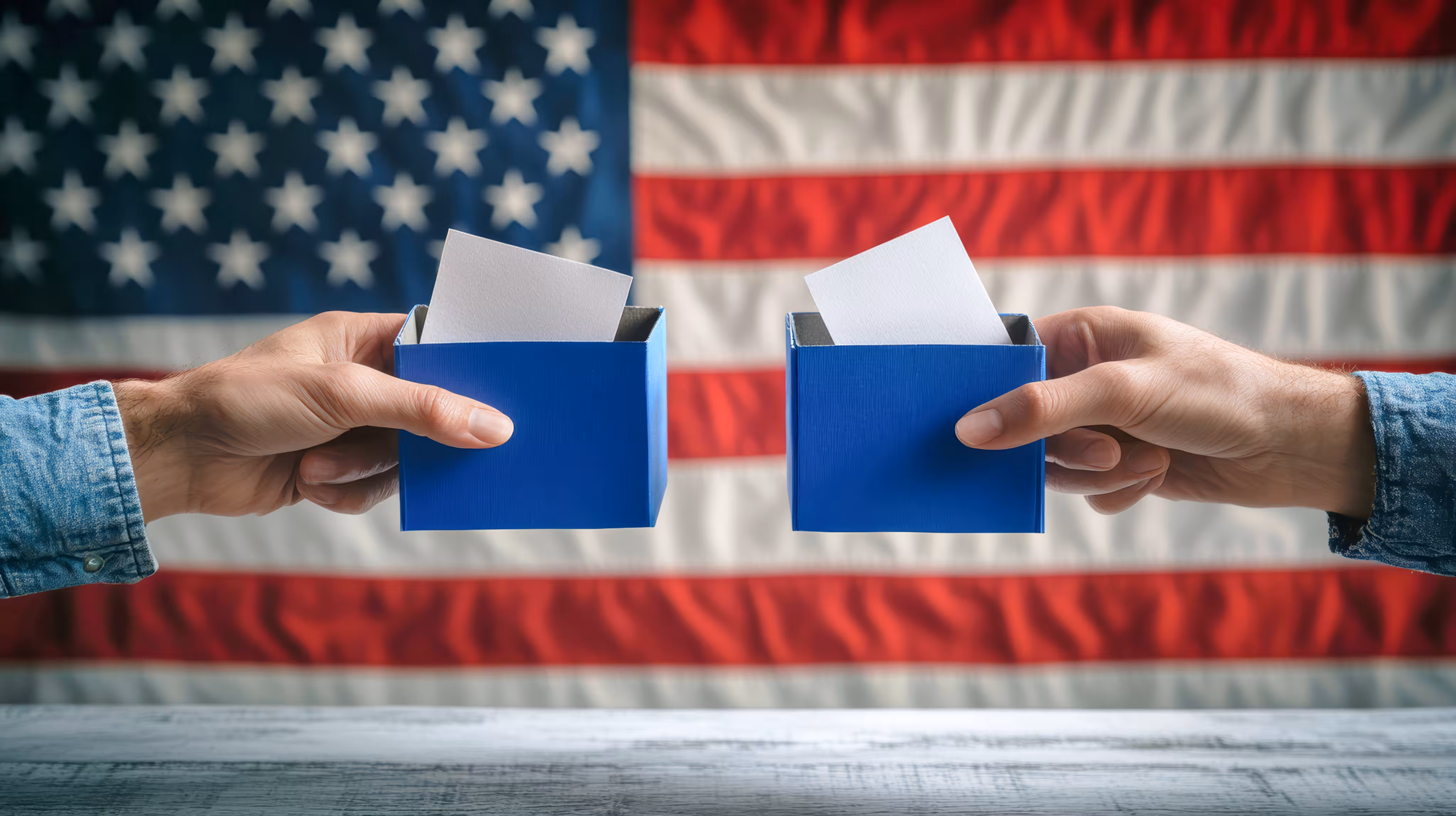 Two hands holding small blue ballot boxes with white voting slips against a blurred American flag background.