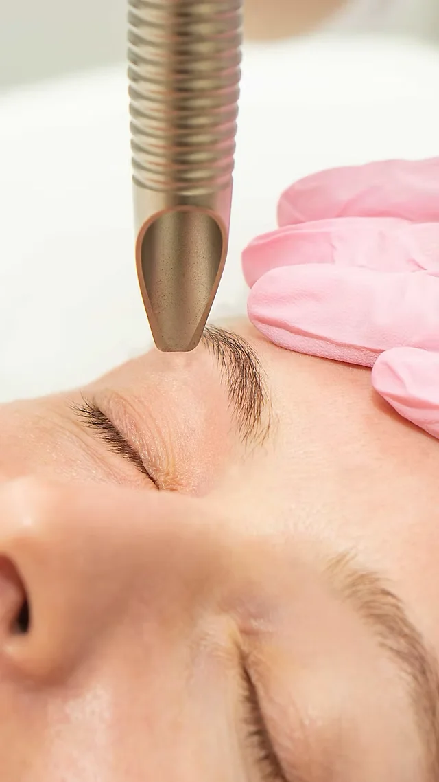 Traitement SmoothEye en cours sur le contour de l’œil avec embout laser Fotona et main gantée en clinique médico-esthétique.