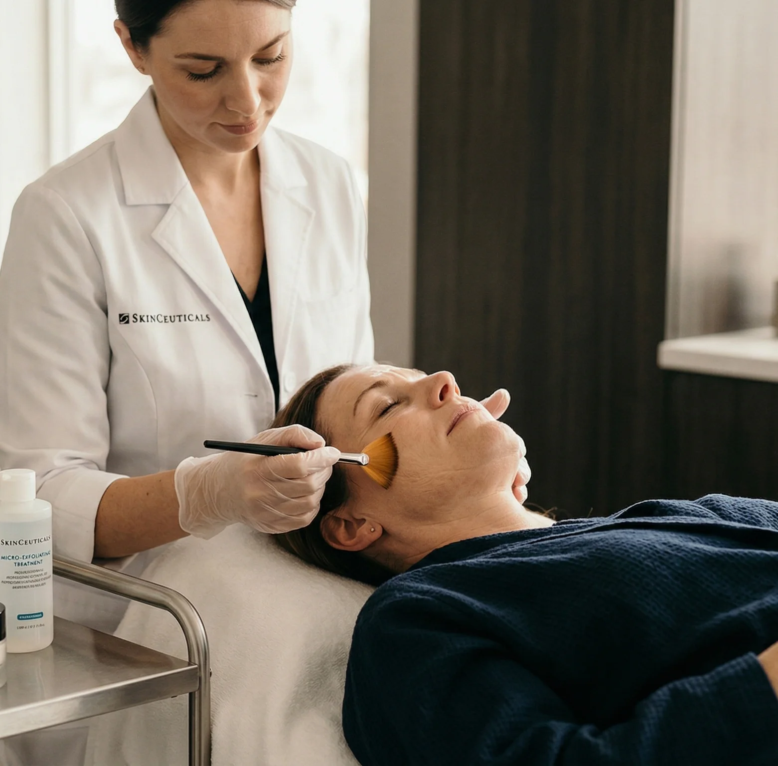 Esthéticienne appliquant un produit facial avec un pinceau sur une femme allongée. Clinique SkinIn, brossard