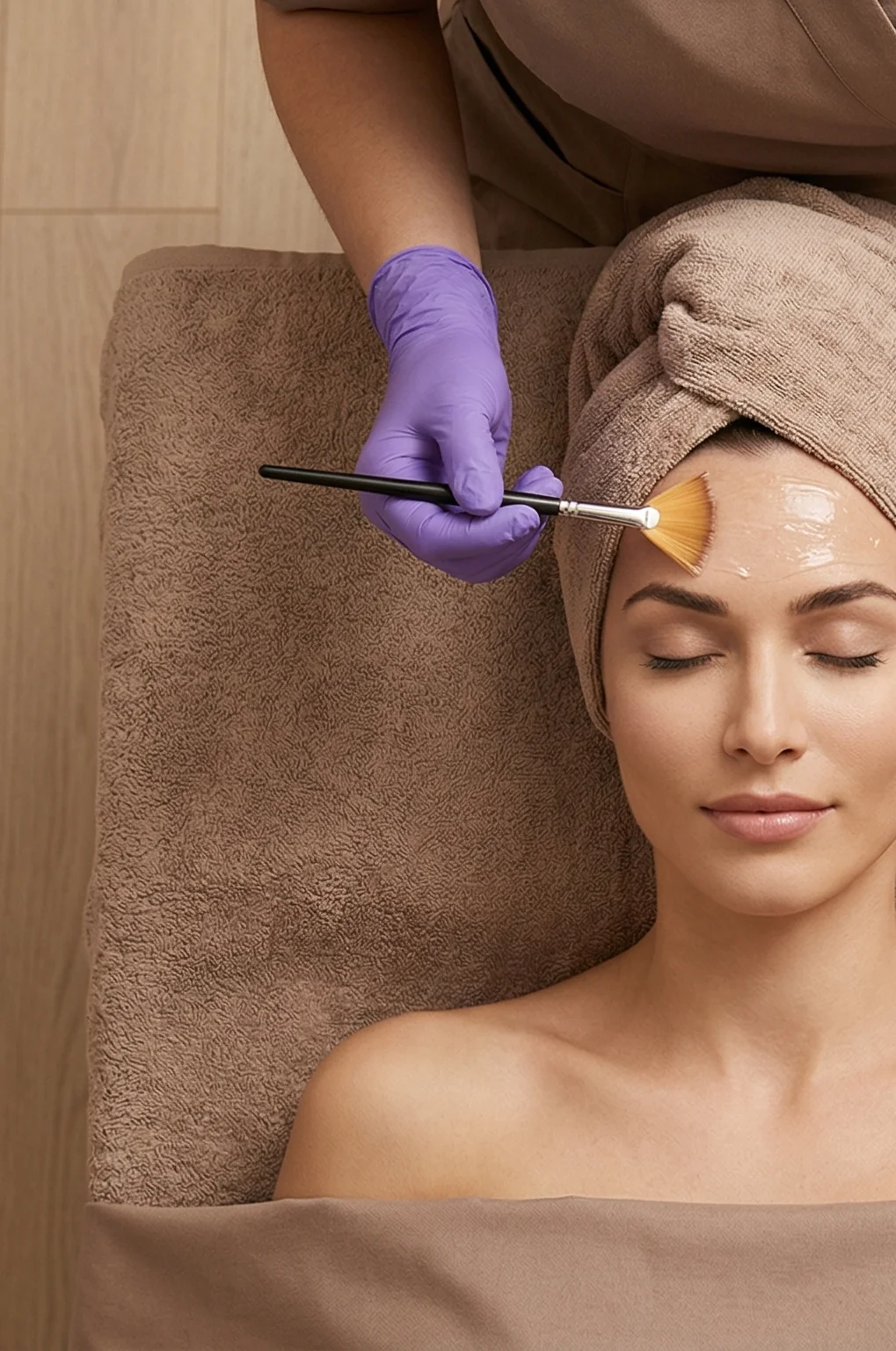 Femme recevant un soin du visage avec un masque appliqué sur le front au moyen d'un pinceau tenu par une main gantée de violet.