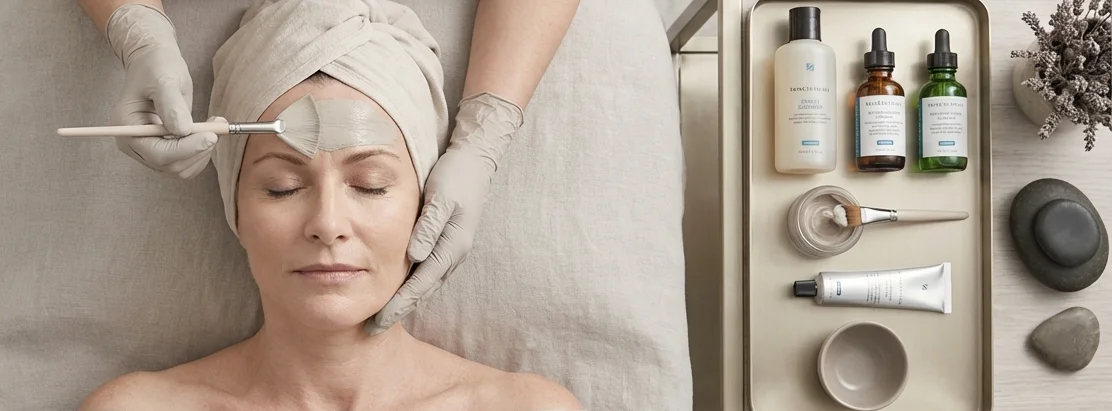 Clinique SkinIn, brossard Femme recevant un soin du visage avec un masque appliqué sur le front par une esthéticienne portant des gants, à côté d’un plateau avec plusieurs produits de soin de la peau et un pinceau.