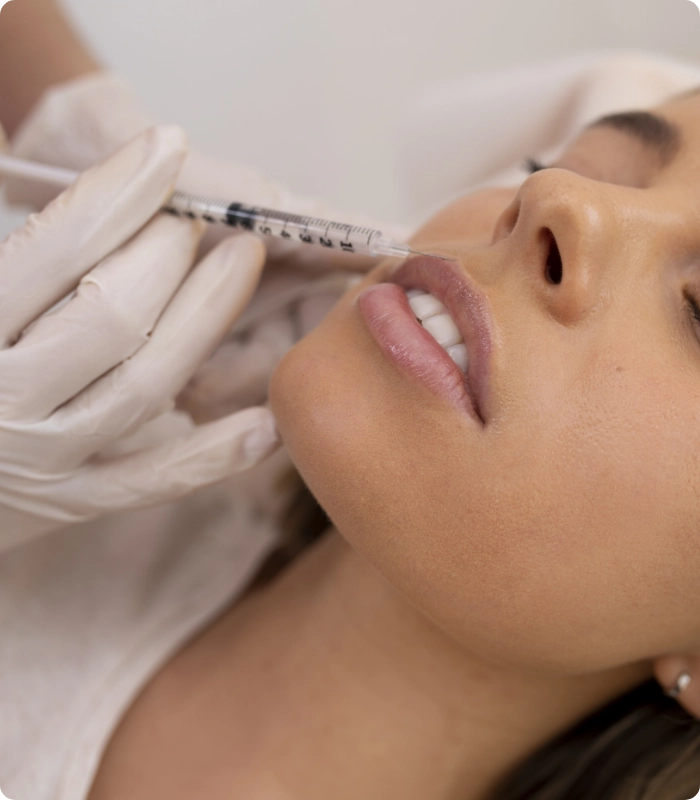 Une femme reçoit une injection de produit d'agent de comblement  dans la lèvre supérieure par un professionnel portant des gants blancs. clinique skinin