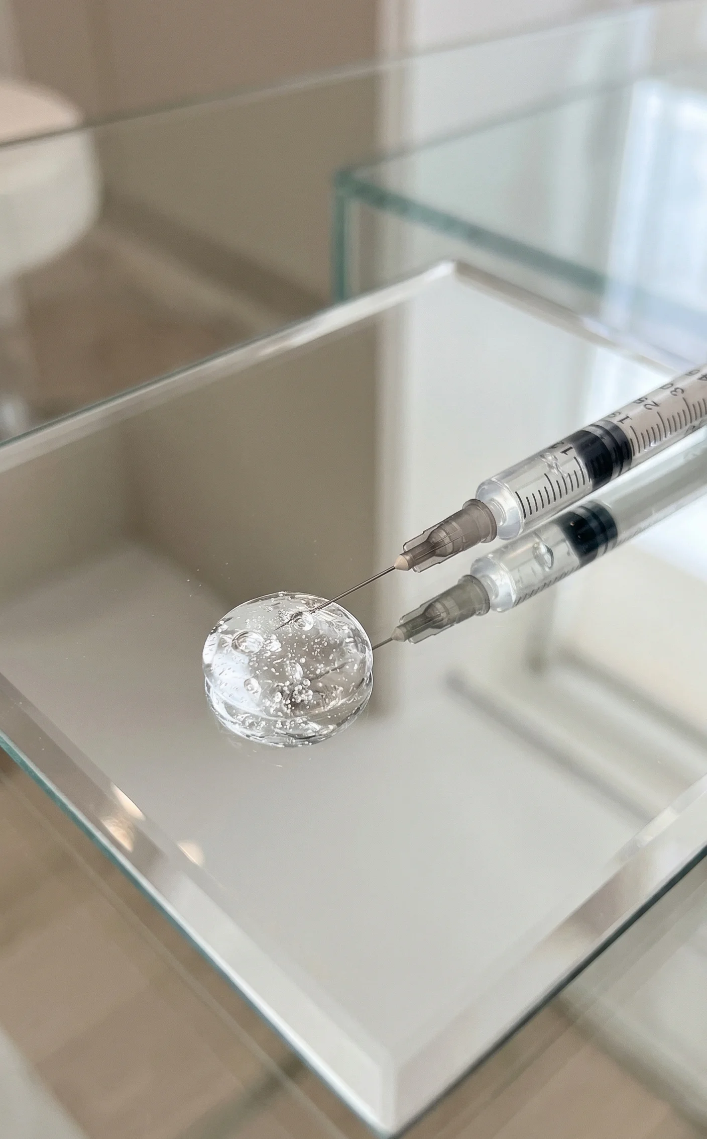 Seringue remplie de liquide transparent posée sur une surface en verre avec une goutte de gel transparent à bulles à côté.